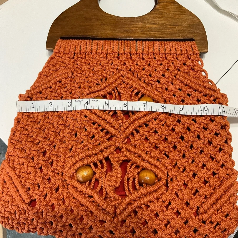 Mid century modern‎ Orange Macramé Tote with Wooden Handle